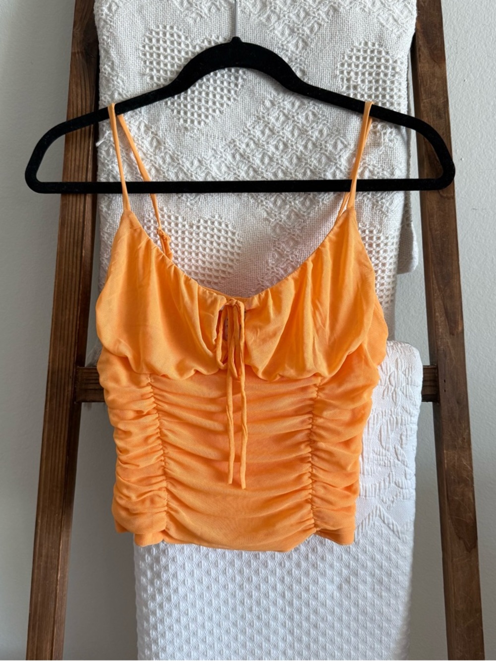 Just Polly from Macy’s Bright Orange Ruched Mesh Spaghetti-Strap Cropped Top